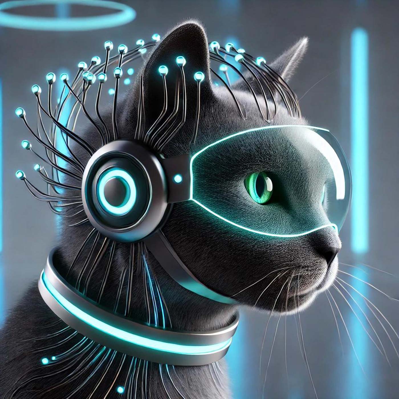 Cyborg-Katze mit neonfarbenen Implantaten und einem Headset, das an eine neuronale Schnittstelle erinnert.