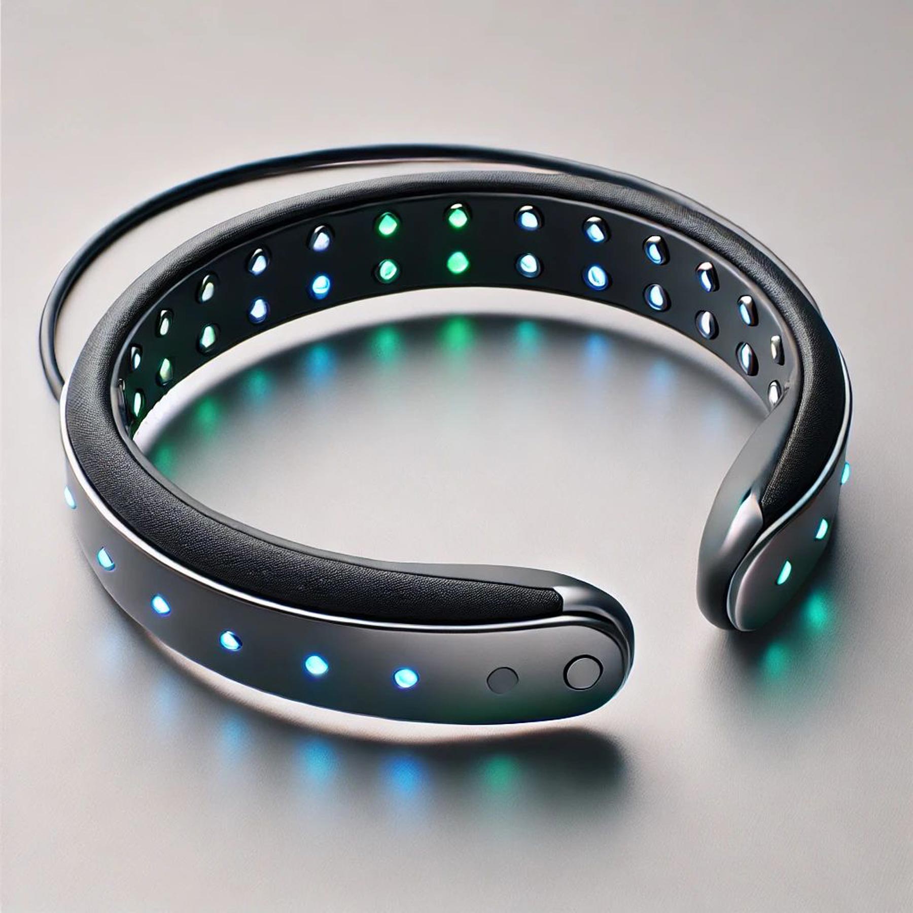 Schmales, flexibles Stirnband aus dunklem Material, bestückt mit einer Reihe pulsierender LED-Leuchten in Blau- und Grüntönen.